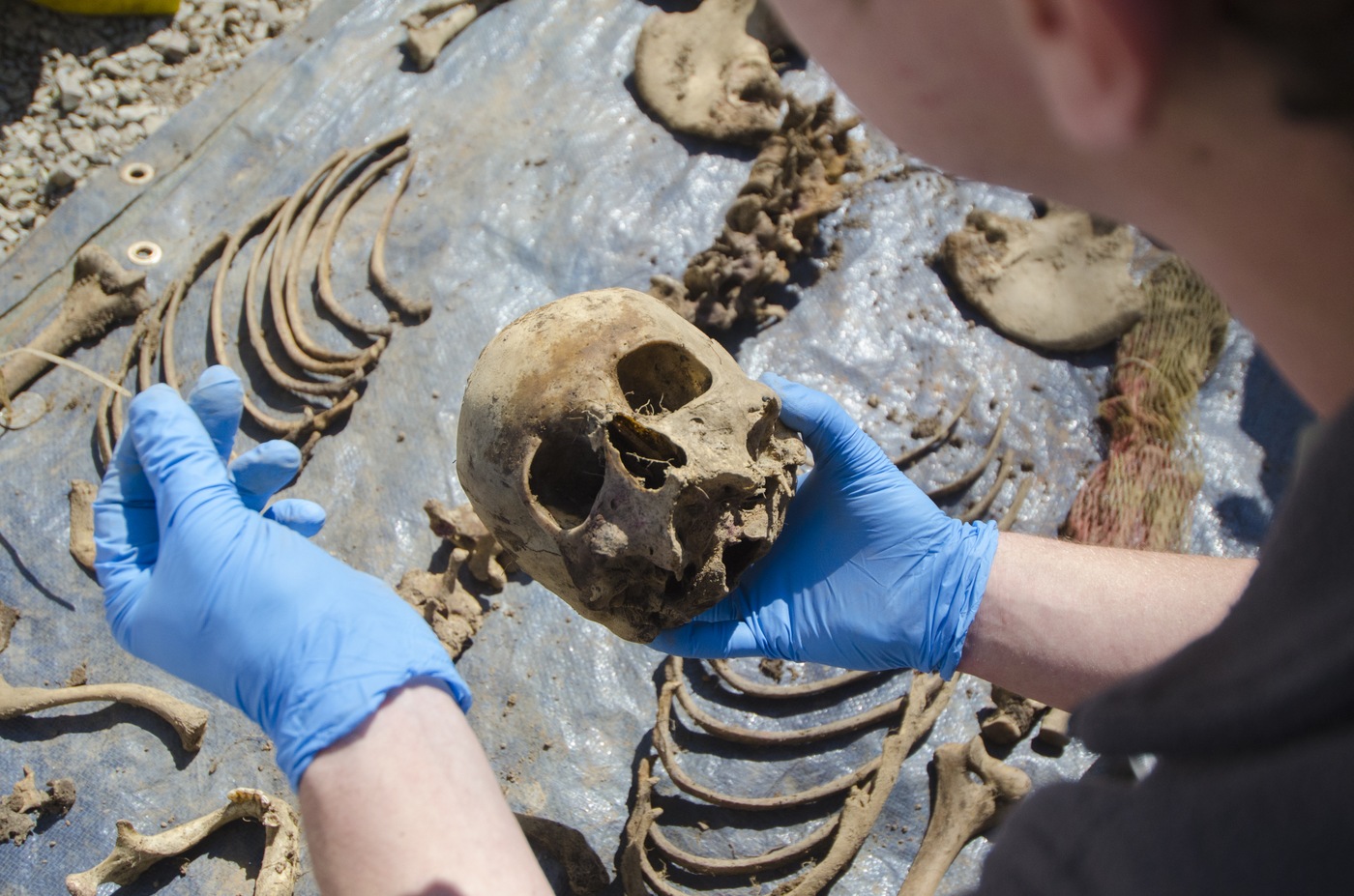 An FBI Evidence Response Team member examines a recovered skull at the Anthropology Research Center in Knoxville, Tennessee, during the Human Remains Recovery course in March 2018.