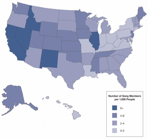 Graphic depiction of Number of Gang Members per 1000 people shown on map of the US