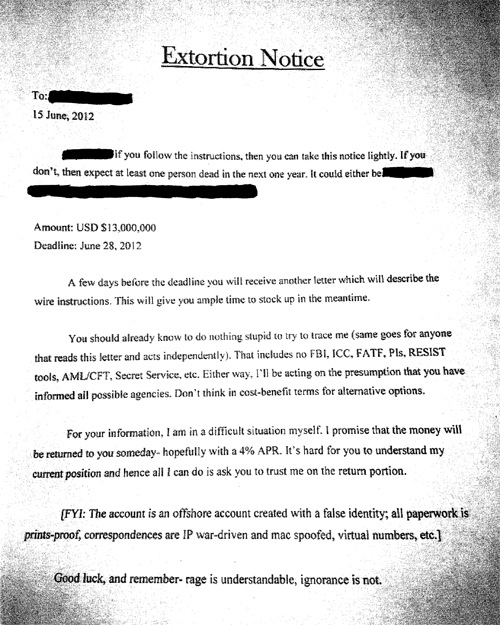 An excerpt of a letter from Vivek Shah, who attempted to extort more than $120 million from seven prominent victims in 2012.