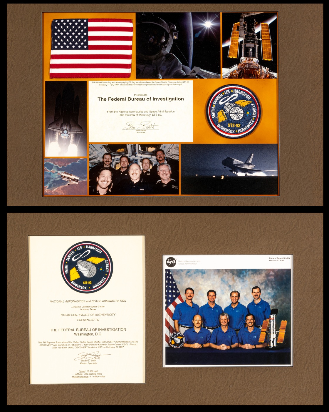 Two framed collages from the flight accompany a certificate of authenticity for the flag. Included is a U.S. flag patch that was also flown aboard STS-82.