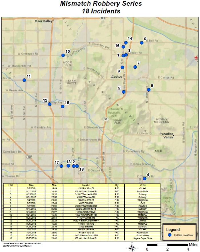 Map of bank robberies connected to Mismatch Bandit in Phoenix, Arizona