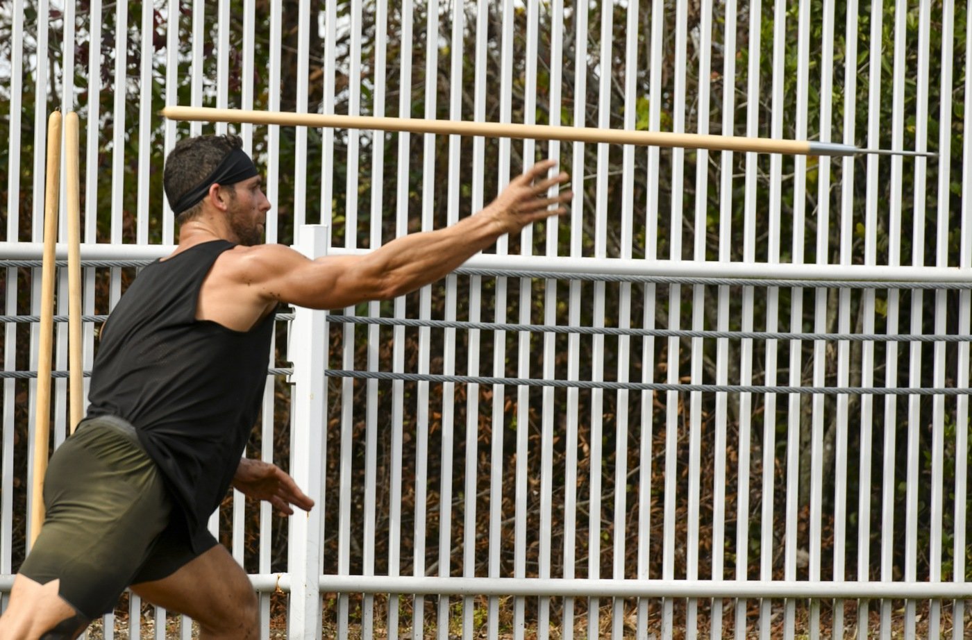 An FBI Miami employee throws a javelin during a series of workouts on Feb. 4, 2022 to honor the memory of fallen Special Agents Daniel Alfin and Laura Schwartzenberger.