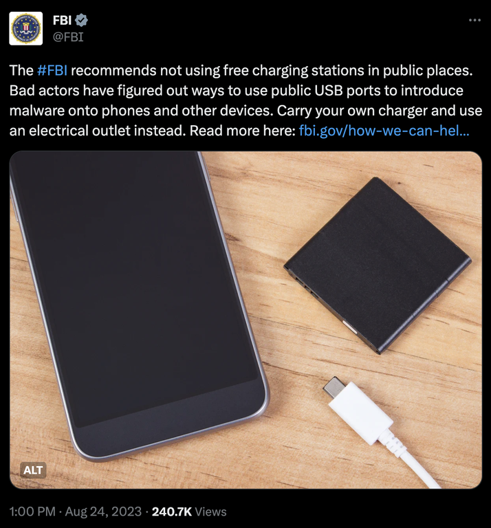 FBI.gov tweet about not using free charging stations.