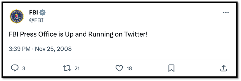 FBI's first post on Twitter in 2008.