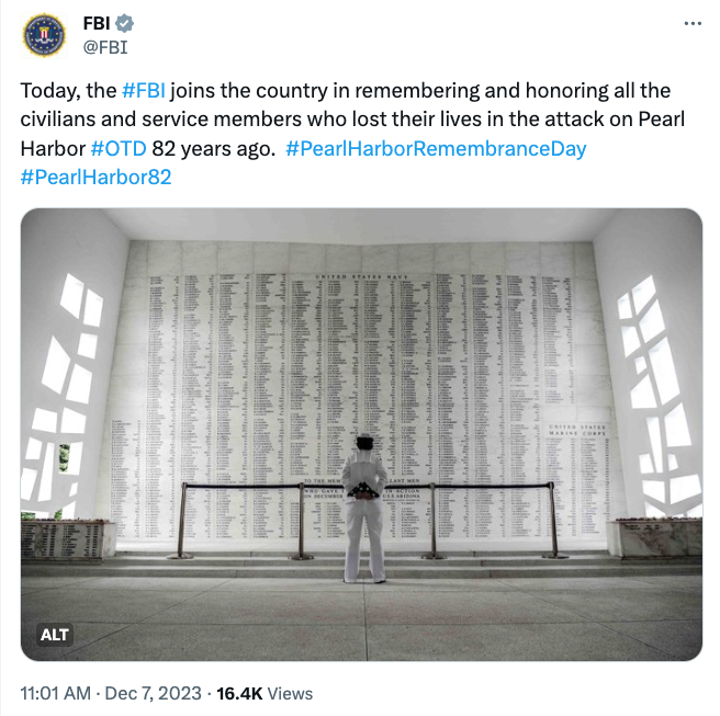 FBI X Post on December 7, 2023