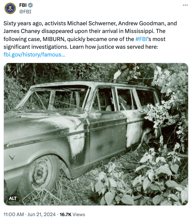 FBI X post on June 21, 2024, marking Mississippi Burning case.