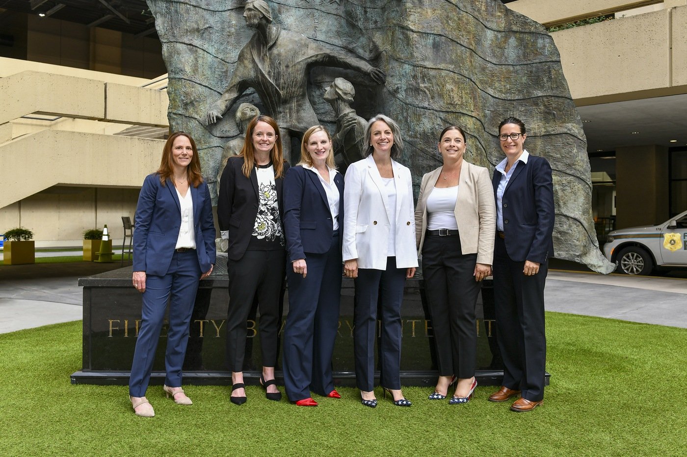 Six of the female agents who are currently leading FBI field offices. From left, Louisville Special Agent in Charge Jodi Cohen, Atlanta Special Agent in Charge Keri Farley, Jacksonville Special Agent in Charge Sherri E. Onks, Philadelphia Special Agent in Charge Jacqueline Maguire, Albany Special Agent in Charge Janeen DiGuiseppi, and Alyssa M. Doyle, special agent in charge of the Counterintelligence and Cyber Division at the Los Angeles Field Office.