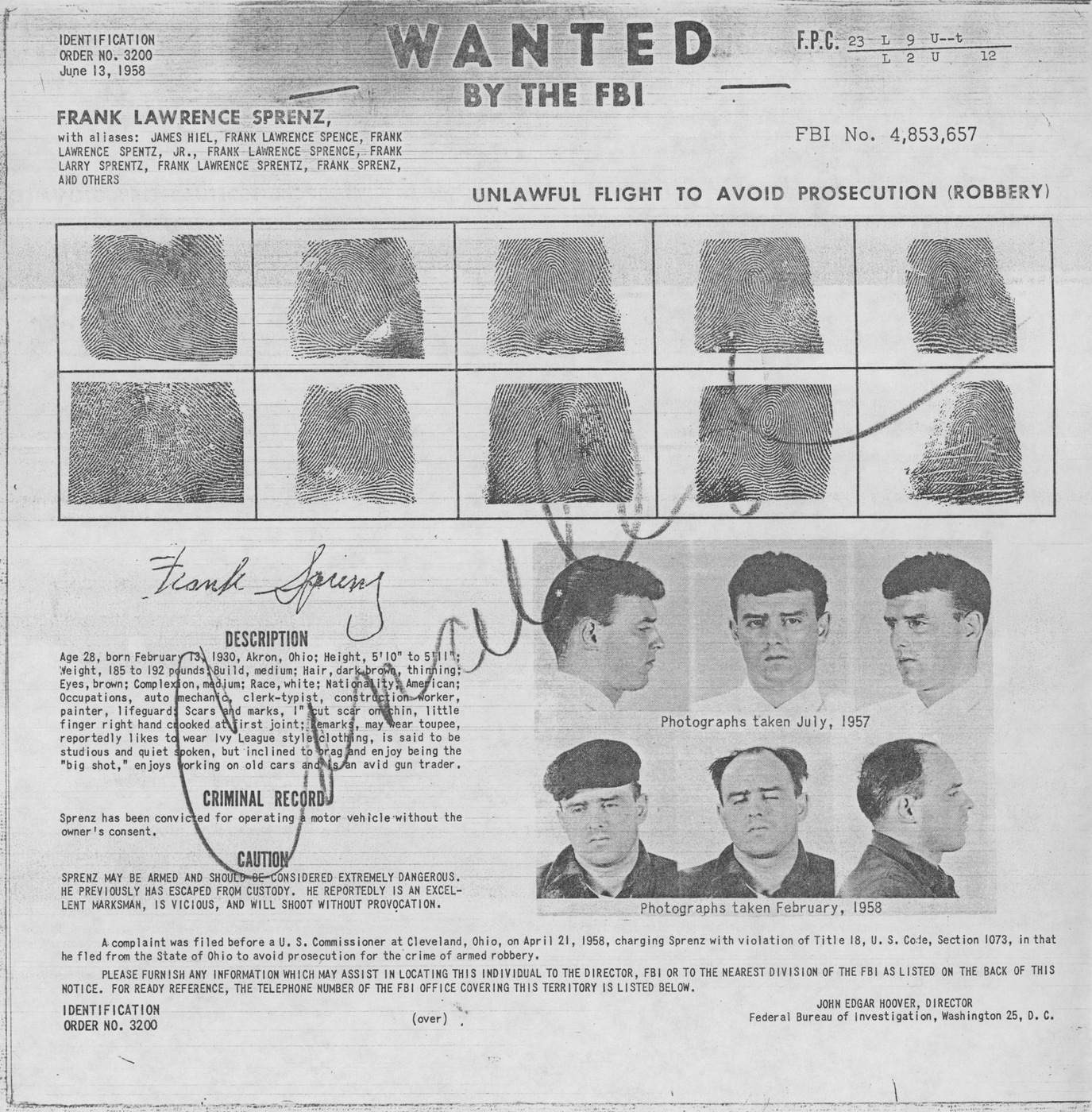 Wanted flyer with photos and fingerprints of Frank Sprenz, also known as The Flying Bank Robber.