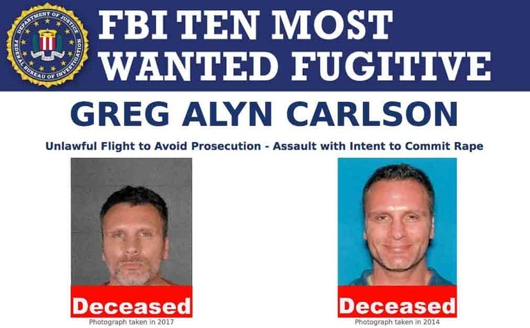 Screenshot of top portion of Greg Alyn Carlson’s Ten Most Wanted Fugitive poster with Deceased banner.