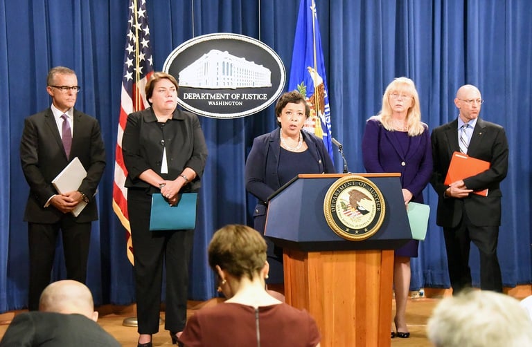 Attorney General Loretta E. Lynch discusses 1MDB case. other speakers included, from left, FBI Deputy Director Andrew McCabe; Leslie Caldwell, assistant attorney general for the Criminal Division; Eileen Decker, U.S. attorney for the Central District of California; and Richard Weber, Internal Revenue Service Criminal Investigation chief. 
