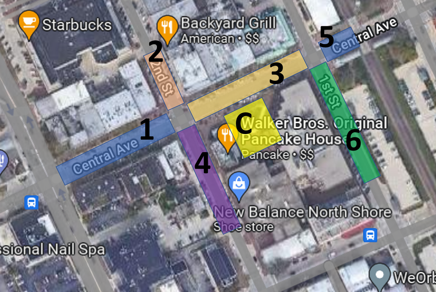 This map depicts areas where items were dropped on July 4 and will be returned. On Central between Green Bay and Second (Zone 1) On Second Street between Central and Elm (Zone 2) On Central between First and Second (Zone 3) On Second between Central and Laurel (Zone 4) On Central between First and the railroad tracks (Zone 5)
On First between Central and Laurel (Zone 6)