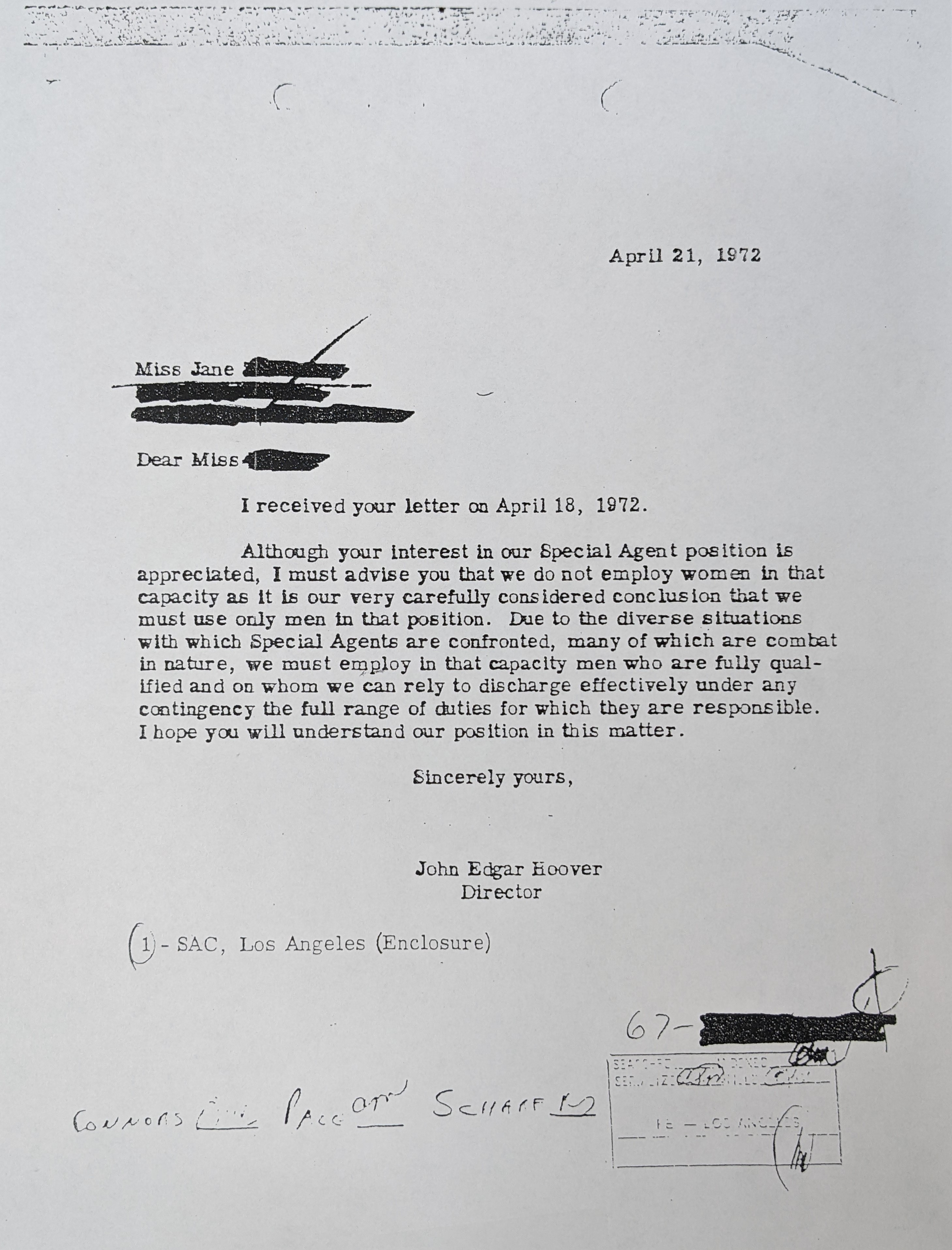 This rejection letter was sent to a female agent applicant in 1972. Weeks later, the FBI began accepting female special agent applicants.
