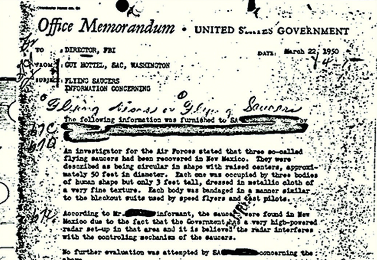 Part of a March 22, 1950 memo by Guy Hottel, special agent in charge of the Washington Field Office, regarding UFOs. The Hottel memo does not prove the existence of UFOs; it is simply a second- or third-hand claim that we never investigated. Some people believe the memo repeats a hoax that was circulating at that time, but the Bureau’s files have no information to verify that theory.
