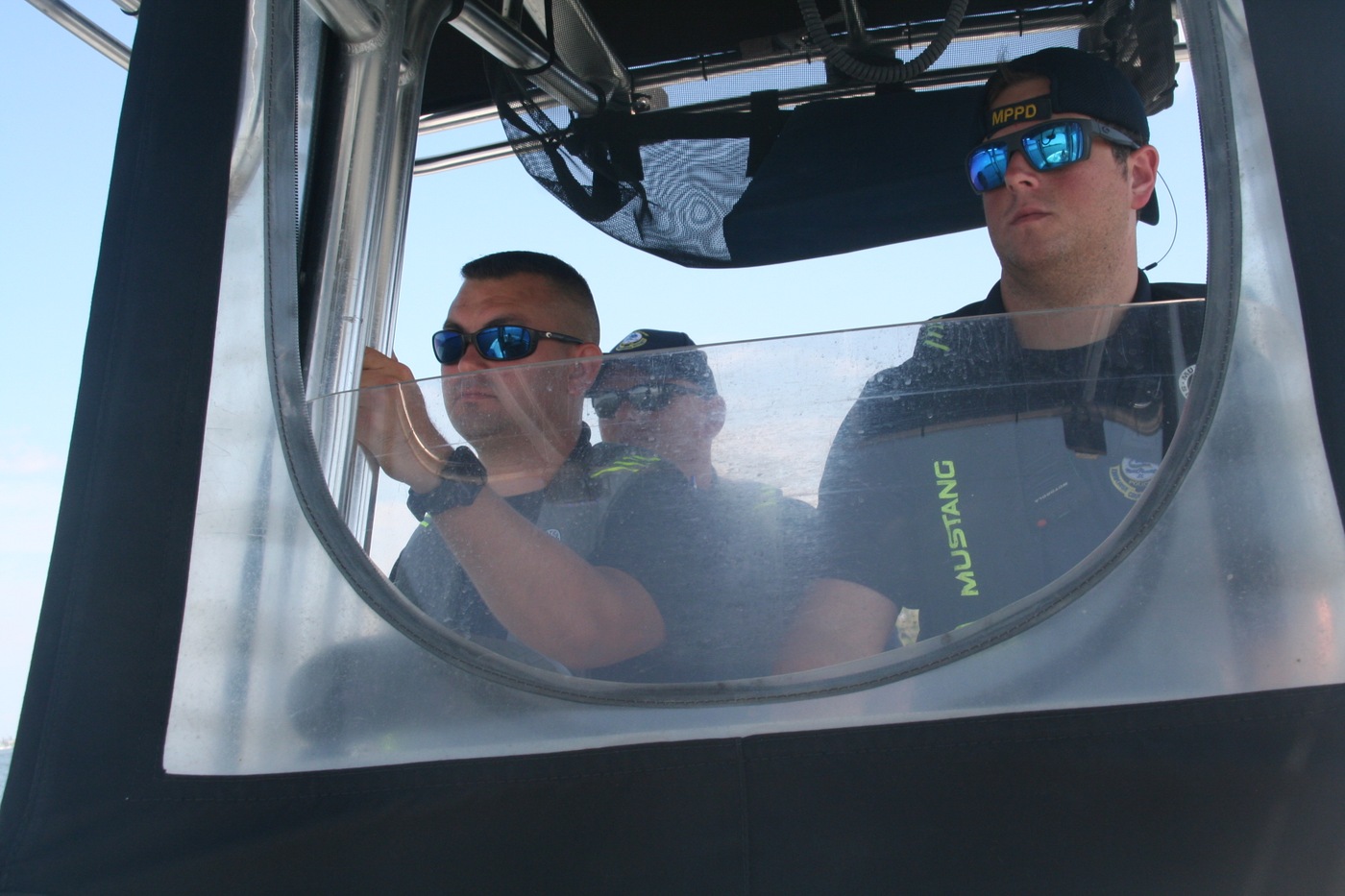Officers with the Mount Pleasant Police Department in a patrol boat during a Hostage Rescue Team (HRT) training exercise held August 5-7, 2019, in Charleston, South Carolina.