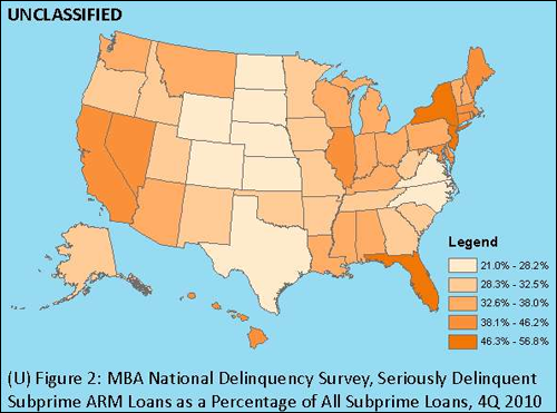 The MBA NDS 2010 data indicate that while the seriously delinquent rate for subprime loans was 28.5 percent in 2010