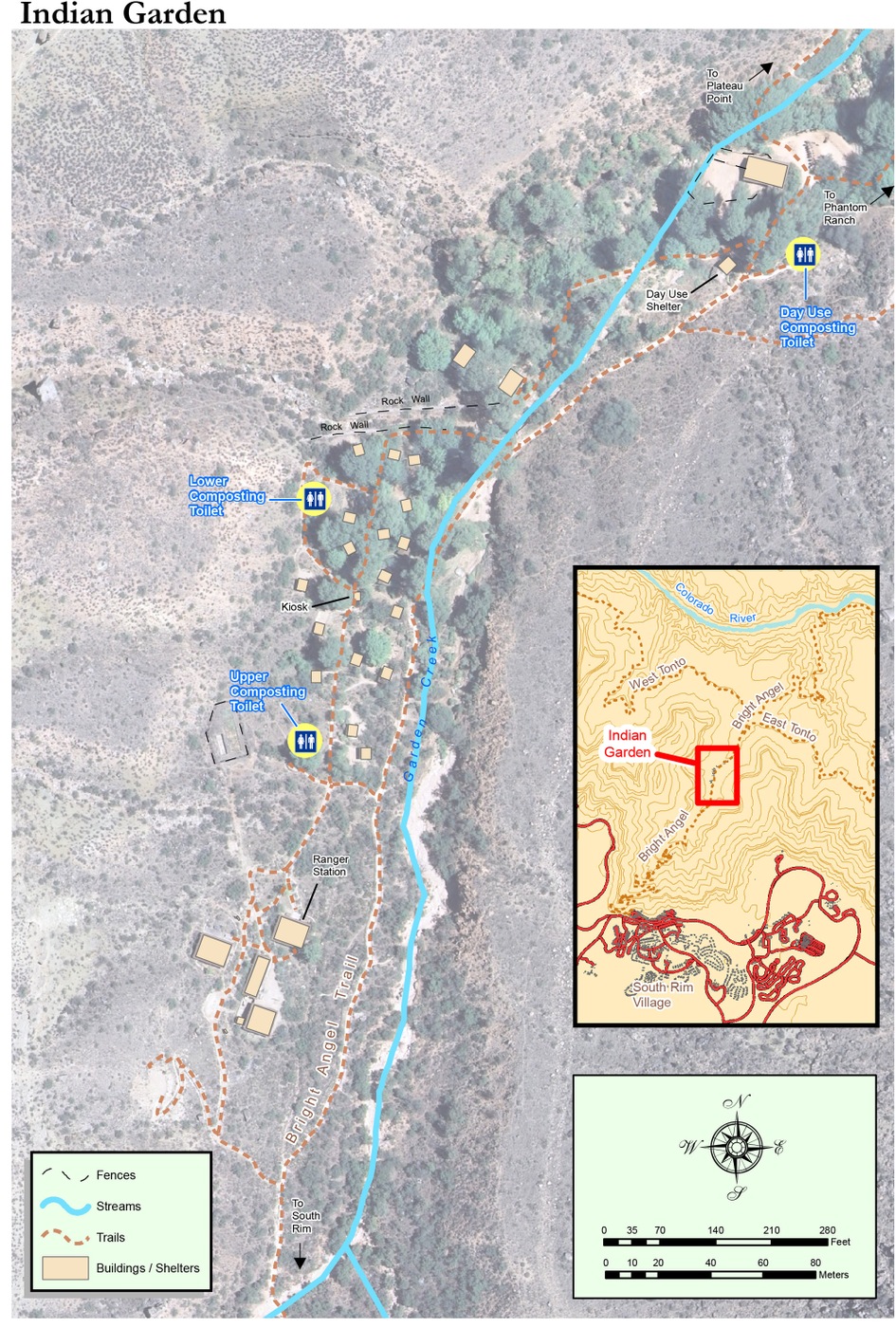 Map of Indian Garden area in the Grand Canyon showing locations of upper campground, lower campground, and day use composting toilets. National Park Service photo