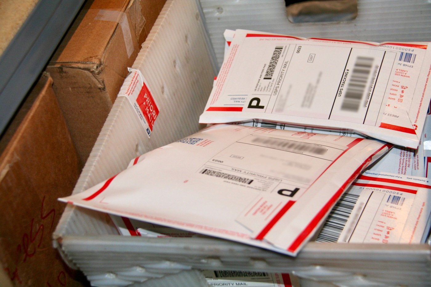 A mailbox containing addressed packages found during a JCODE search in Los Angeles in March 2020.