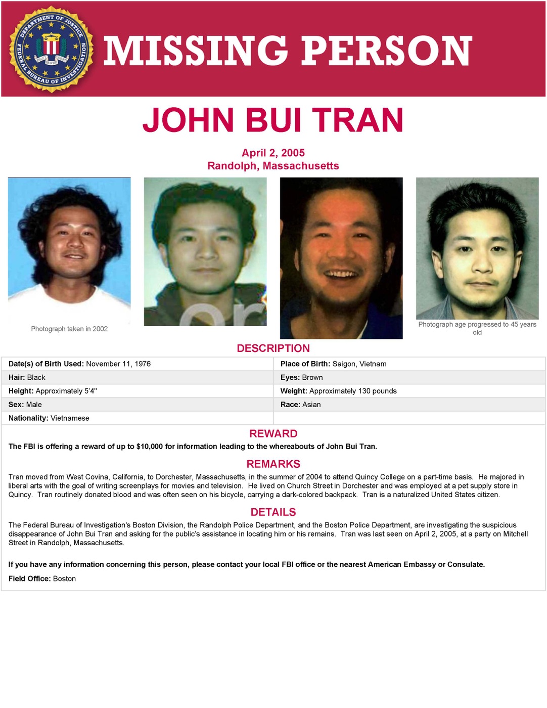 Missing person poster for John Bui Tran