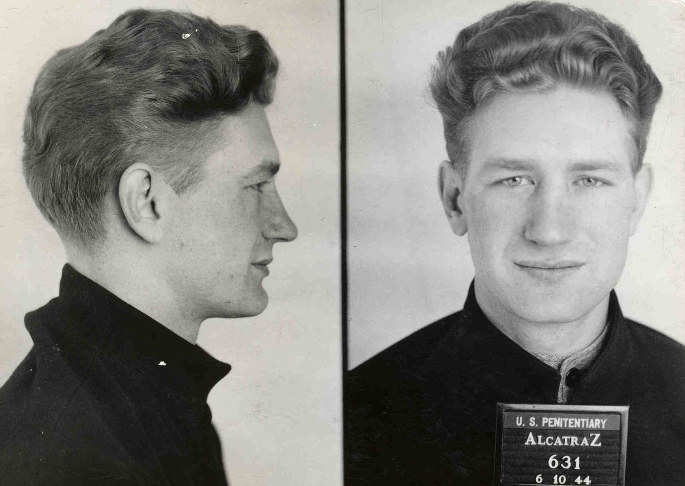 The booking photo of John Elgin Johnson when he arrived at Alcatraz prison on June 10, 1944. Johnson murdered Special Agent J. Brady Murphy on September 25, 1953. National Archives photograph. 
