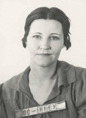A 1933 mug shot of Kathryn Kelly, wife of gangster George "Machine Gun" Kelly, from the Oklahoma City Police Department. She was sentenced to life in prison for her role in the Urschel kidnapping, but she was released in 1958.