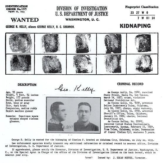 Identification order or wanted flyer for George "Machine Gun" Kelly (real name George Barnes), captured by Bureau agents in 1933.