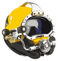 Kirby Morgan Superlite 77 Helmet
This standard commercial steel diving helmet weighs about 30 pounds on the surface. Features include:
aC/	Block: Allows the diver to switch from surface air to emergency gas supply carried in the tank on their back.
aC/	Block switch: The switch ventilates the helmet and prevents deadly carbon dioxide buildup; it also functions like a portable air-conditioning unit to cool the diveras face.
aC/	Nose piece: Allows the diver to clear their ears while descending to equalize the air pressure in the ear canal.
aC/	Regulator: Uses a venturi switch to adjust air intake.
aC/	Quad valve exhaust: Allows air bubbles to exit the helmet when the diver exhales.
aC/	Inside helmet: Includes a blue hood designed for a comfortable fit, as well as a chin strap.
aC/	Ear speakers: Enables communication between the surface team and fellow divers.