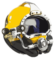 Kirby Morgan Superlite 77 Helmet
This standard commercial steel diving helmet weighs about 30 pounds on the surface. Features include:
aC/	Block: Allows the diver to switch from surface air to emergency gas supply carried in the tank on their back.
aC/	Block switch: The switch ventilates the helmet and prevents deadly carbon dioxide buildup; it also functions like a portable air-conditioning unit to cool the diveras face.
aC/	Nose piece: Allows the diver to clear their ears while descending to equalize the air pressure in the ear canal.
aC/	Regulator: Uses a venturi switch to adjust air intake.
aC/	Quad valve exhaust: Allows air bubbles to exit the helmet when the diver exhales.
aC/	Inside helmet: Includes a blue hood designed for a comfortable fit, as well as a chin strap.
aC/	Ear speakers: Enables communication between the surface team and fellow divers.