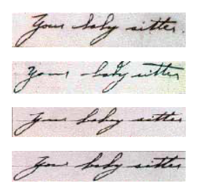 Signatures from the Weinberger kidnapping case. From top to bottom, the photographs show signatures from the first and second ransom notes, and the third and fourth signatures are the known handwriting of Angelo LaMarca.