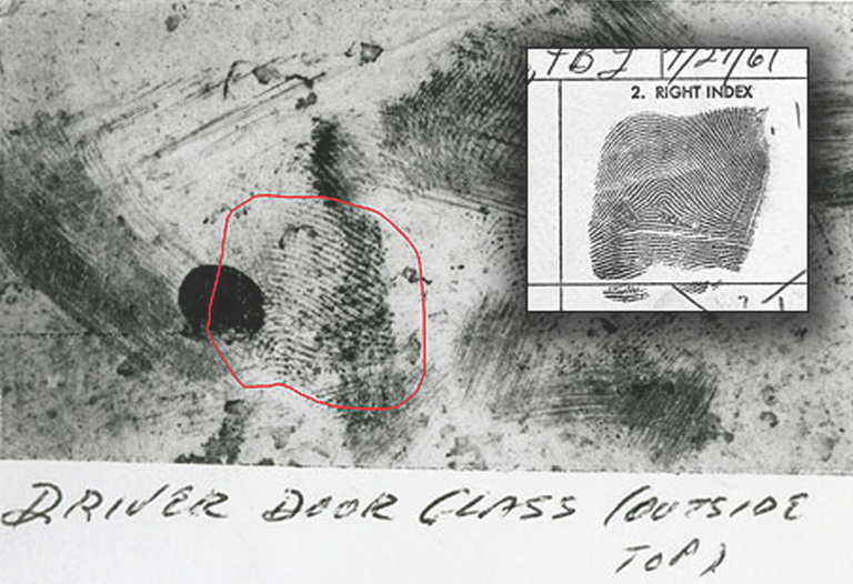 A latent print removed from a 1969 murder victimas car was later determined to be a match to the suspectas fingerprint (inset) contained in the FBI's Integrated Automated Fingerprint Identification System (IAFIS). The Houston police detective and Texas Department of Public Safety latent print technician instrumental in solving the cold case were honored by the FBI with the 2011 aLatent Hit of the Yeara Award.