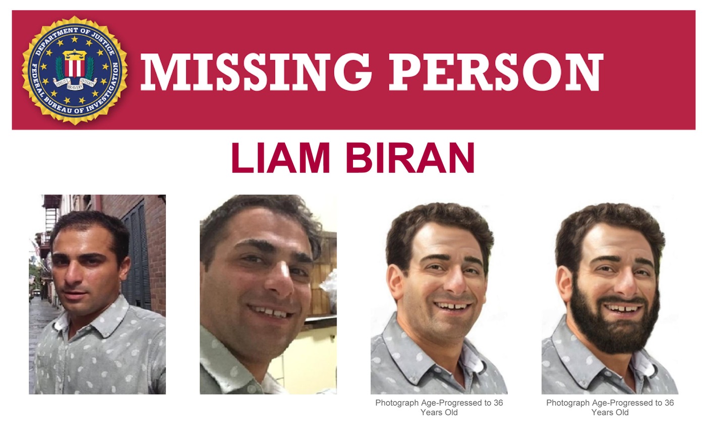 This graphic shows photos and age-progressed images of Liam Biran, an American who went missing in 2019 while traveling.