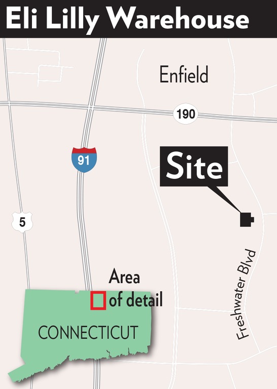 Map showing location of Enfield, Connecticut, site of an Eli Lilly warehouse where $60 million worth of pharmaceuticals were stolen on March 13, 2010.