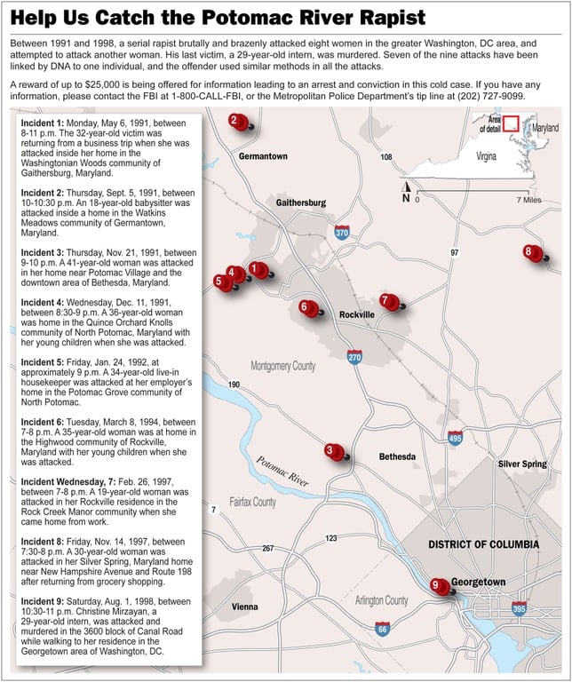 Map of Potomac River Rapist Incidents