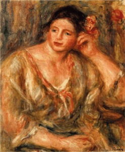 Young woman seated, leaning on her elbow, dressed in loose, flowing garment