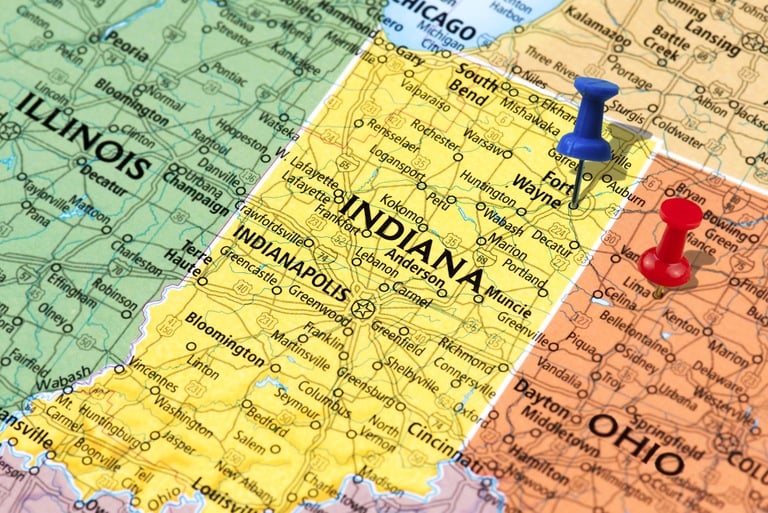 Stock image of a map highlighting the cities of Lima, Ohio, and Fort Wayne, Indiana.