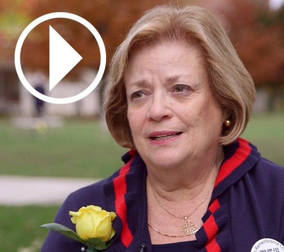 Mary Kay Stratis, wife of Pan Am Flight 103 victim Elia Stratis; chair, Victims of Pan Am Flight 103, Inc., with play video symbol overlay