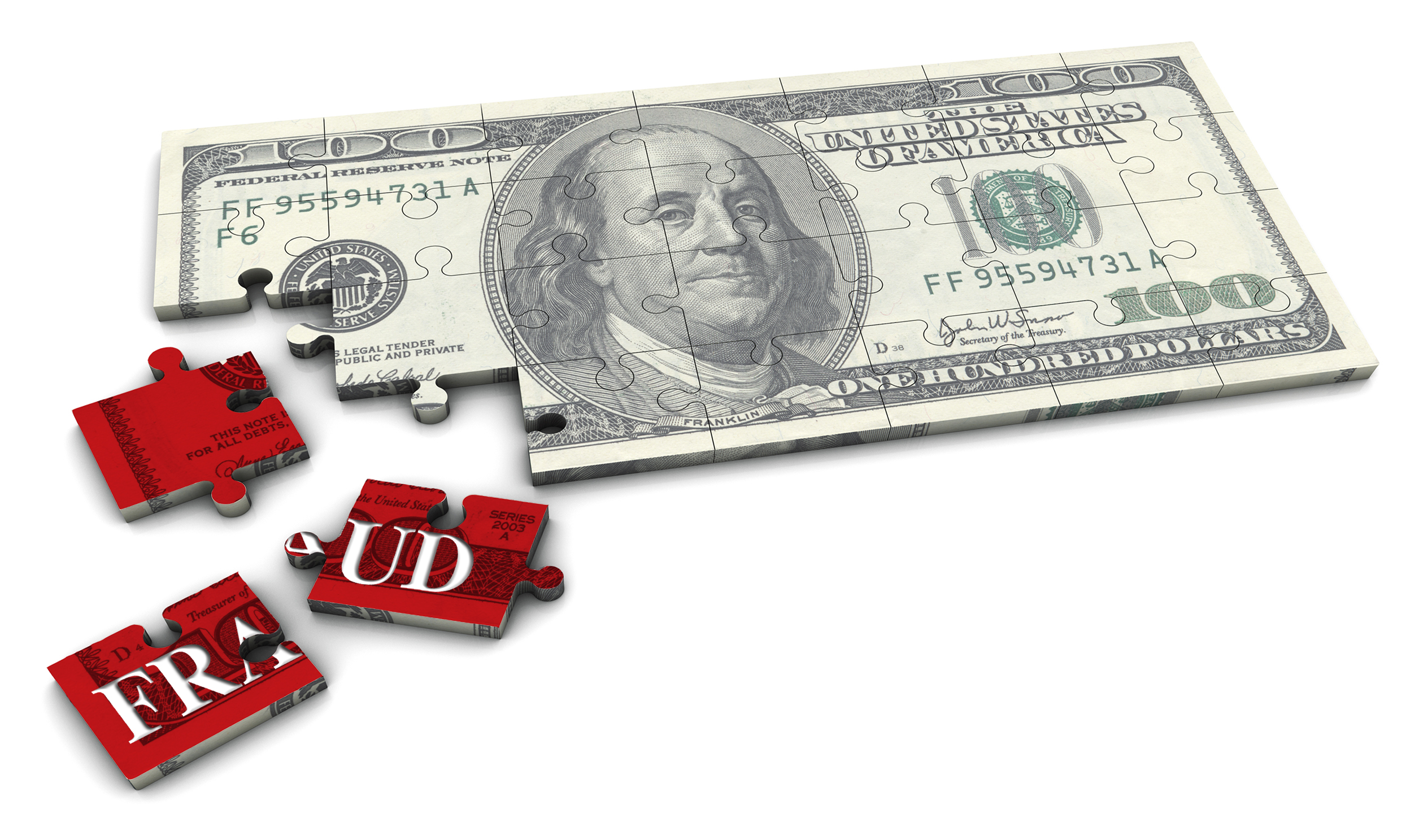 Stock graphic depicting a nearly completed puzzle of a $100 bill with three red pieces containing the word Fraud not yet set in the puzzle.
