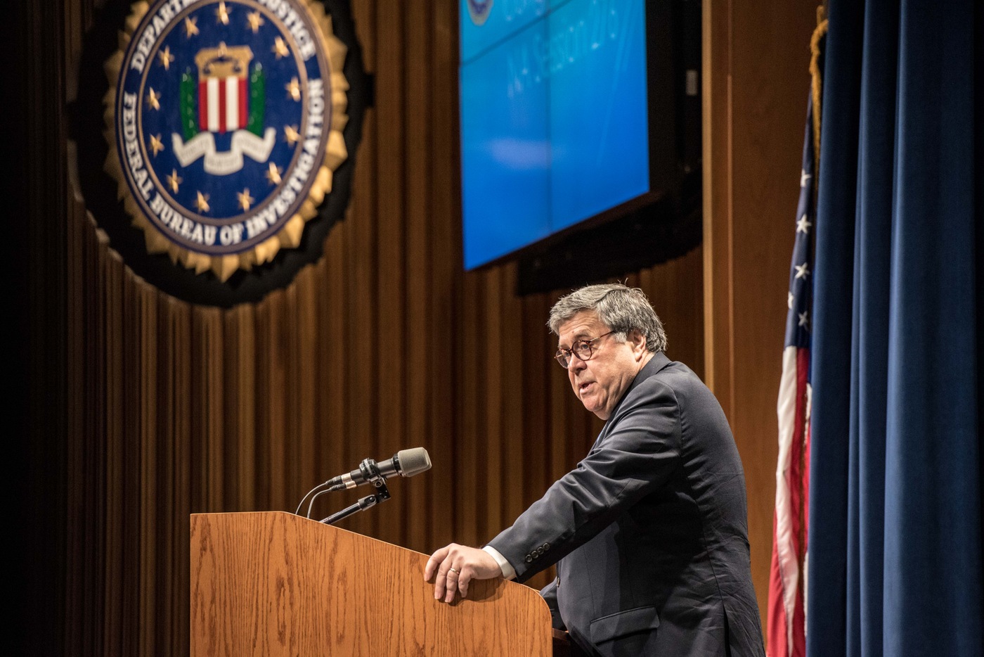 Attorney General William Barr addresses the 276th graduating class of the National Academy on June 7, 2019