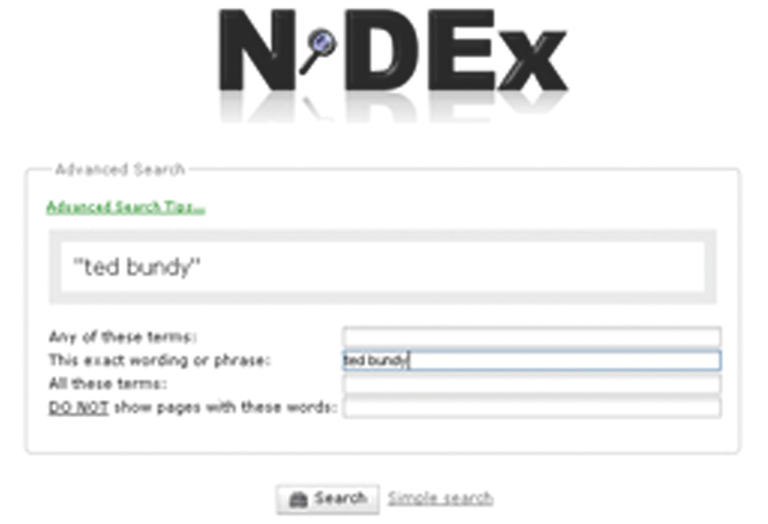 An example of the N-DEx interface showing a search for records on deceased serial killer Ted Bundy.