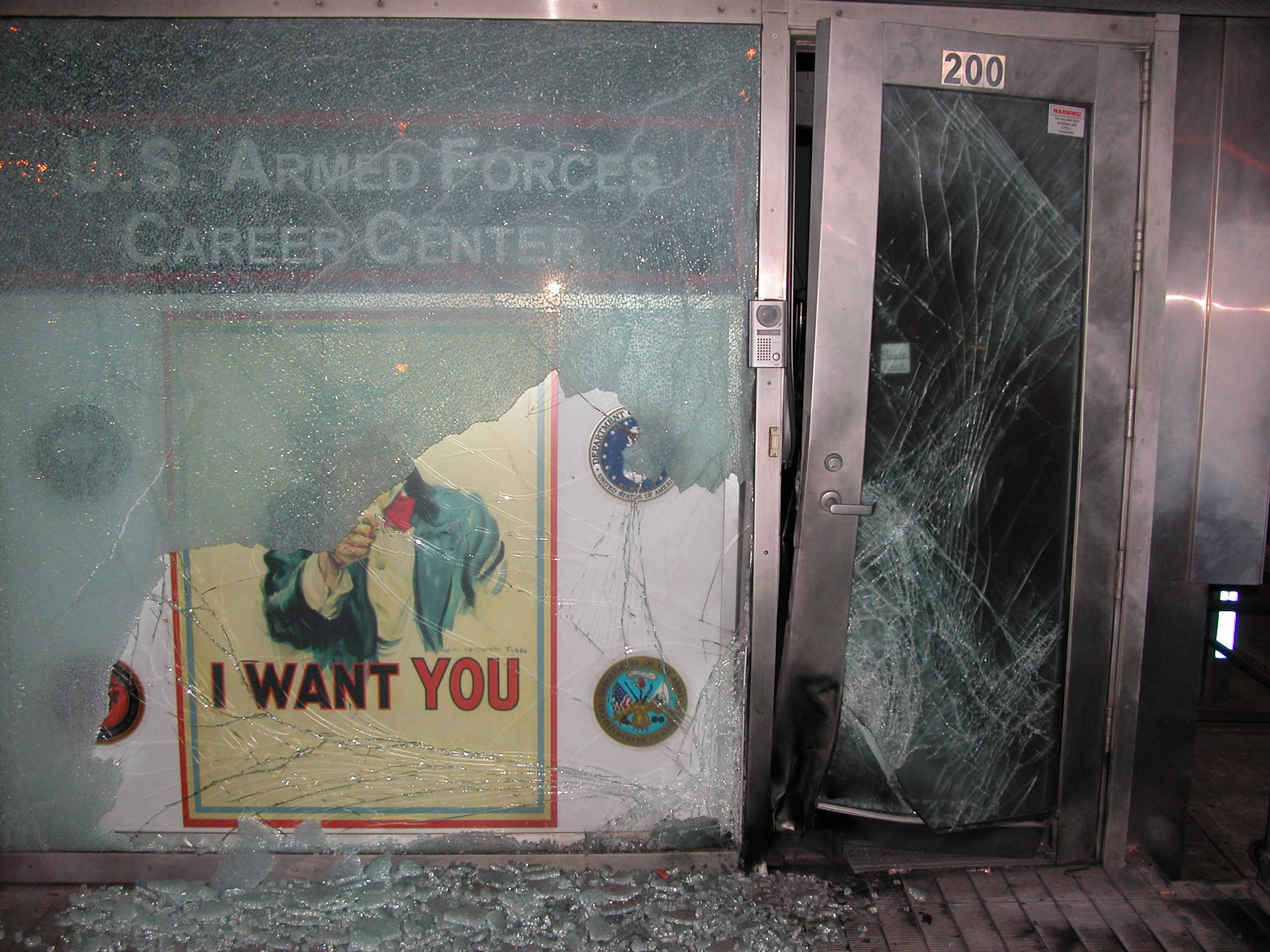 Damage caused in the unsolved March 6, 2008 bombing of the United States Armed Forces Recruiting Station in Times Square. See https://www.fbi.gov/contact-us/field-offices/newyork/news/press-releases/more-than-100-000-being-offered-for-information-in-unsolved-2008-times-square-bombing for more details.