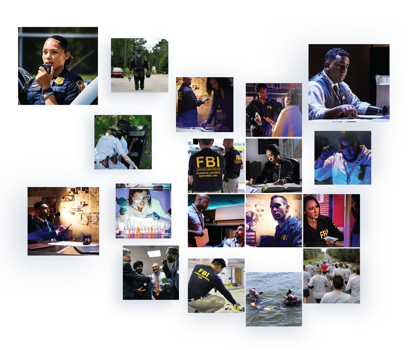 Photo collage of the FBI at work.