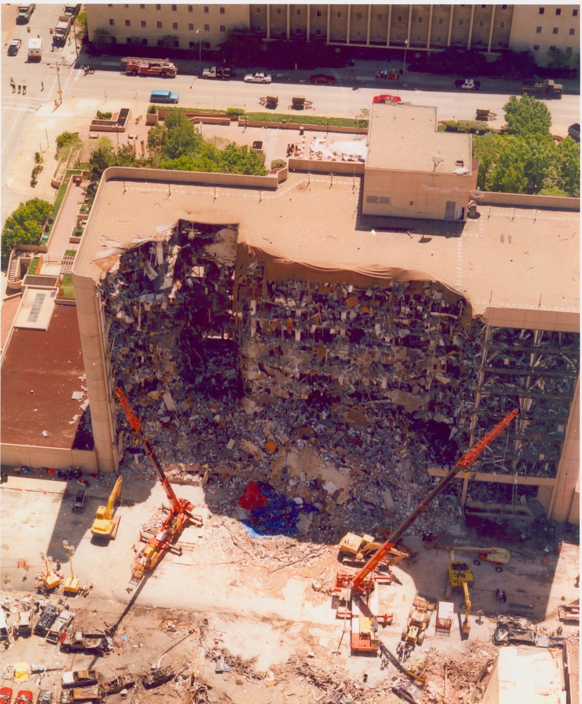 Aerial view of the aftermath of truck bombing of the Aflred P. Murrah federal building in Oklahoma City in April 1995.
