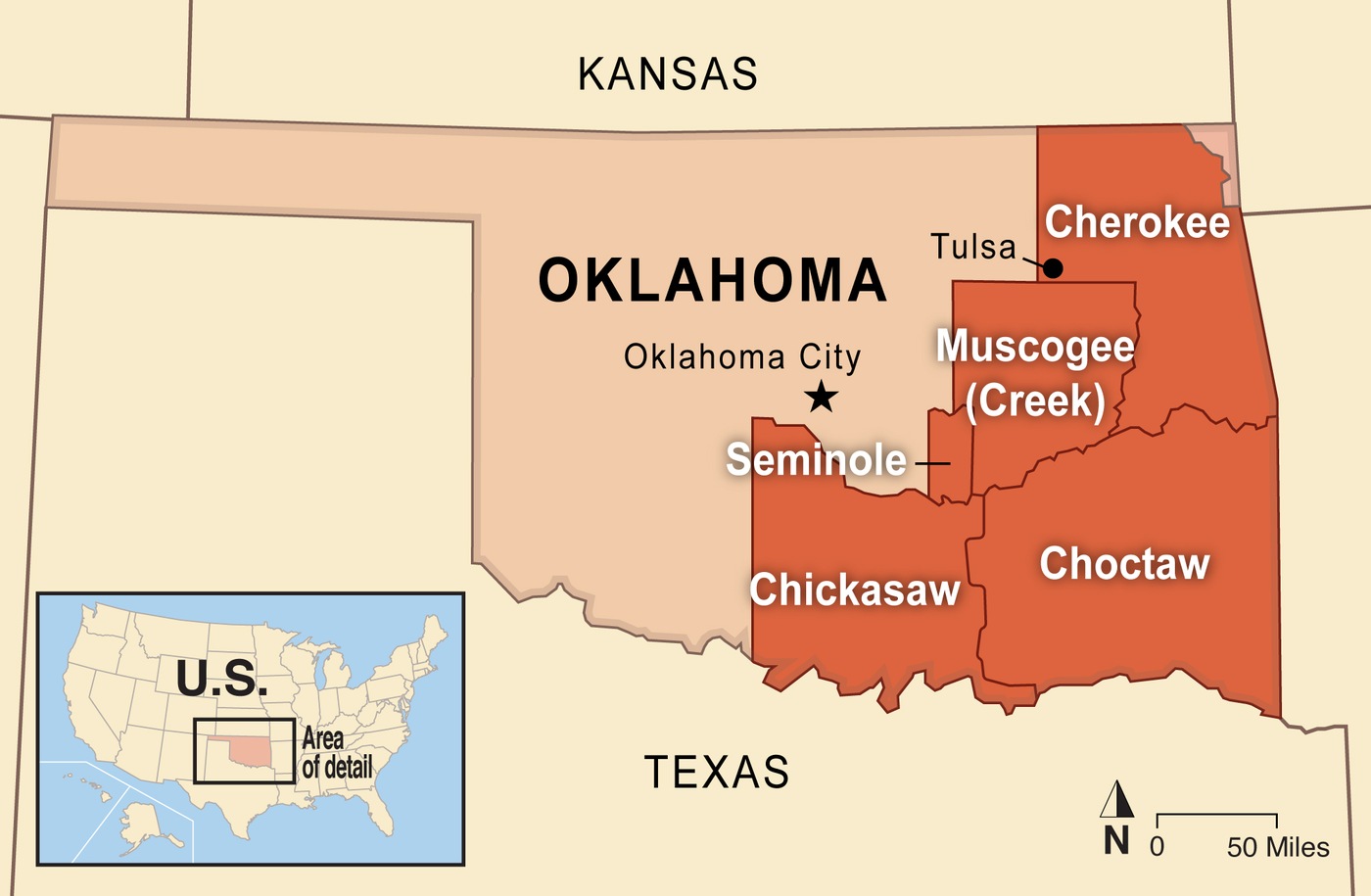 Map of Oklahoma showing areas affirmed in a 2020 Supreme Court ruling to be under jurisdiction of Native Americans.