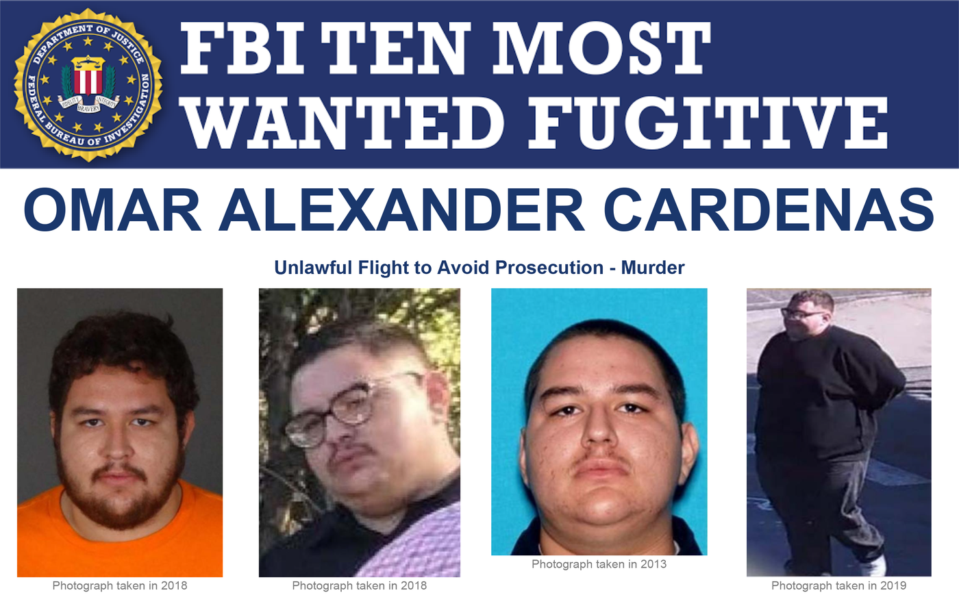 A screenshot of the Ten Most Wanted Fugitive poster for Omar Alexander Cardenas
