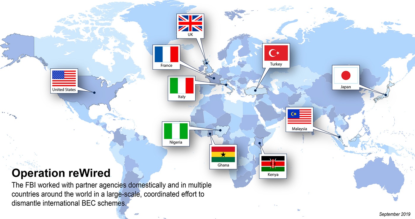 Map depicting countries involved in Operation reWired, an international business email compromise takedown announced in September 2019.
