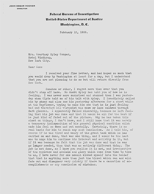 A 1938 letter from J. Edgar Hoover to Genevieve Cooper.