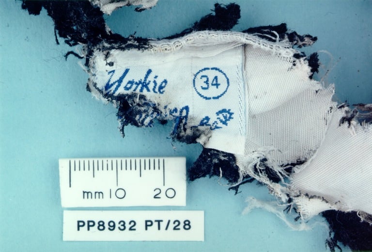 Evidence collected following the December 21, 1988 bombing of Pan Am Fight 103 over Lockerbie, Scotland, included this piece of fabric from a clothing store in Malta. (Syracuse University photo)