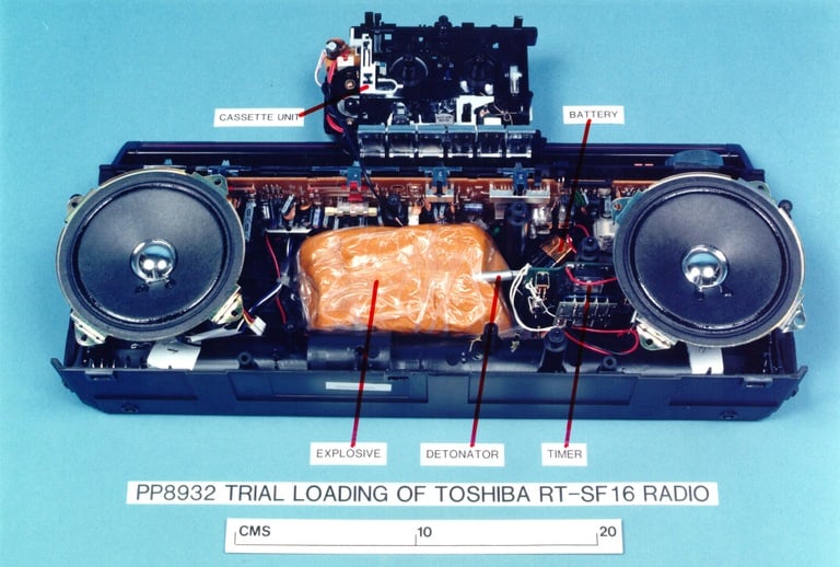 Replica of the plastic explosives hidden inside a cassette player that caused Pan Am Flight 103 to be blown out of the sky on December 21, 1988 over Lockerbie, Scotland. (Syracuse University photo)