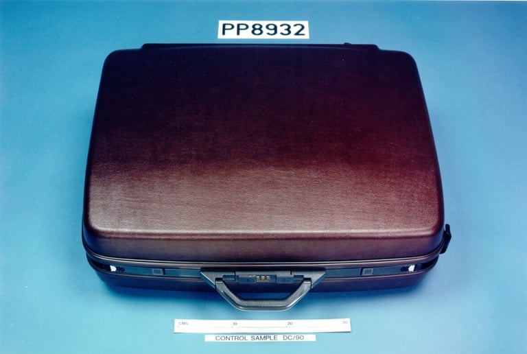 Replica of the suitcase that contained the explosives used in the December 21, 1988 bombing of Pam Flight 103 over Lockerbie, Scotland. (Syracuse University photo)