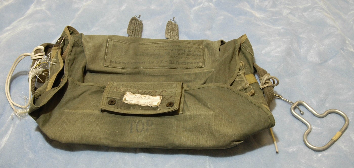 The canvas bag that contained one of the parachutes given to D.B. Cooper. Cooper asked for four chutes in all; he jumped with two (including one that was used for instruction and had been sewn shut).
He used the cord from one of the remaining parachutes to tie the stolen money bag shut.