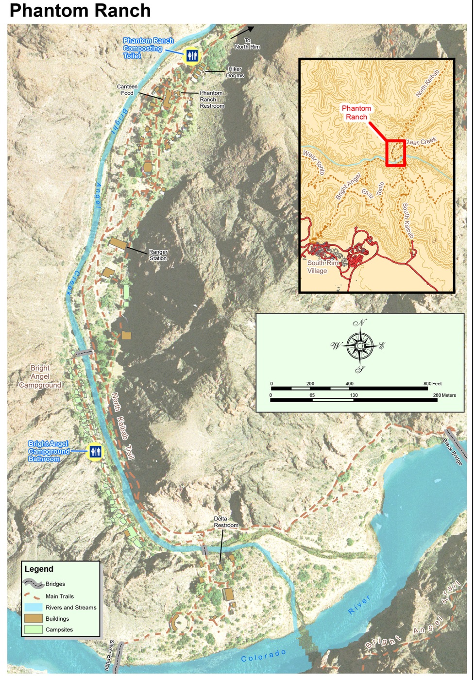 Map of Phantom Ranch area in the Grand Canyon showing locations of Phantom Ranch composting toilet and Bright Angel Campground bathroom. National Park Service photo
